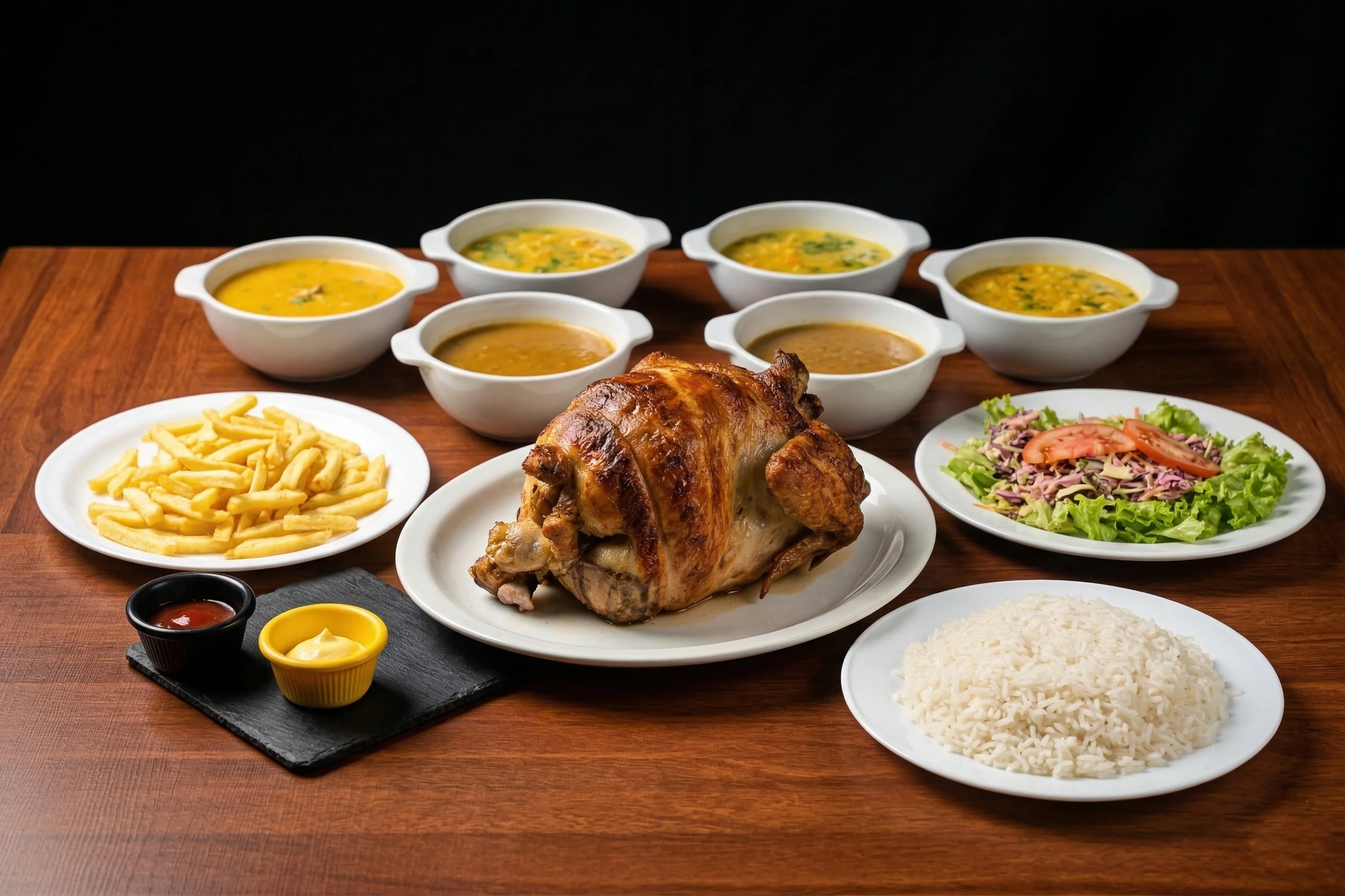 ½ POLLO ASADO + ¼ BROASTER + PAPAS + 3 CONSOMÉS + ARROZ + MENESTRA O ENSALADA + COLA 1L